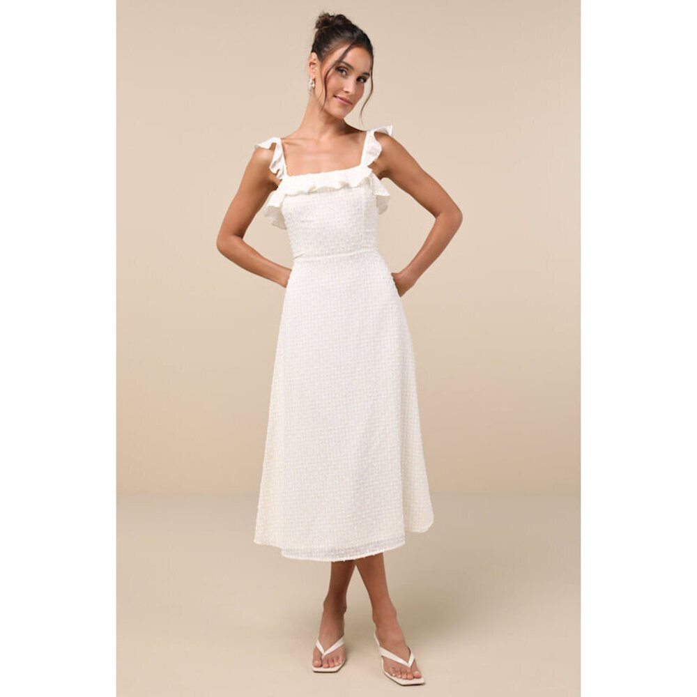 Lulus Sun-kissed Style White And Beige Gingham Backless Midi Dress - Size L